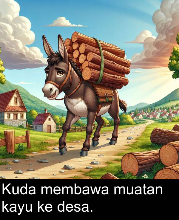membawa: Kuda membawa muatan kayu ke desa.