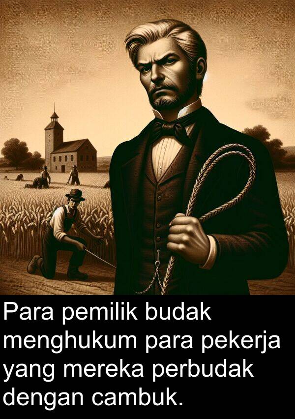 cambuk: Para pemilik budak menghukum para pekerja yang mereka perbudak dengan cambuk.