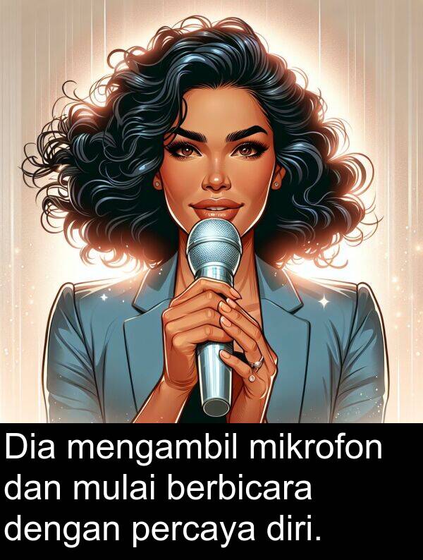 mulai: Dia mengambil mikrofon dan mulai berbicara dengan percaya diri.