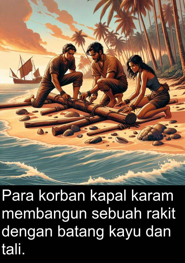 tali: Para korban kapal karam membangun sebuah rakit dengan batang kayu dan tali.