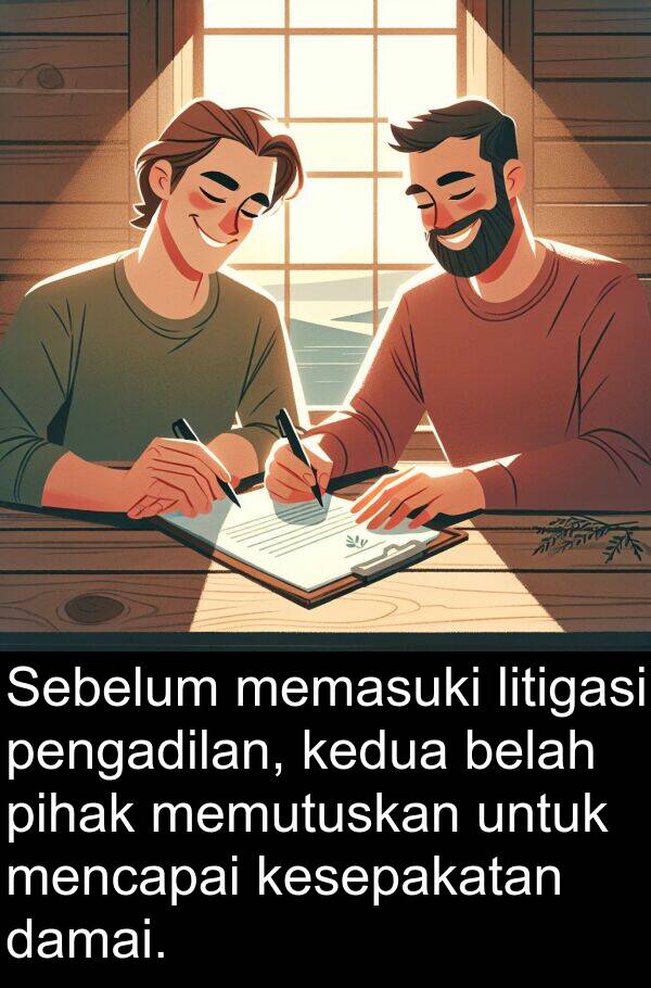 memasuki: Sebelum memasuki litigasi pengadilan, kedua belah pihak memutuskan untuk mencapai kesepakatan damai.