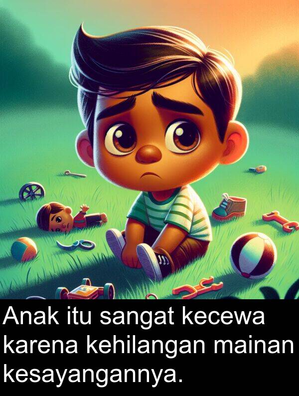 mainan: Anak itu sangat kecewa karena kehilangan mainan kesayangannya.