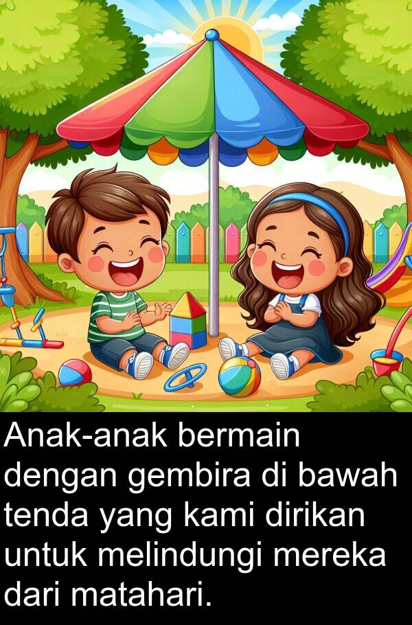 melindungi: Anak-anak bermain dengan gembira di bawah tenda yang kami dirikan untuk melindungi mereka dari matahari.