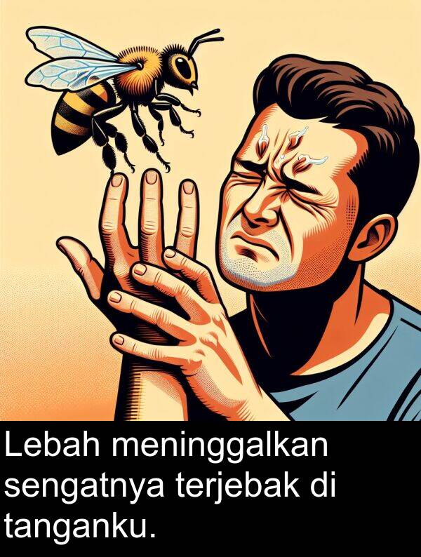 terjebak: Lebah meninggalkan sengatnya terjebak di tanganku.
