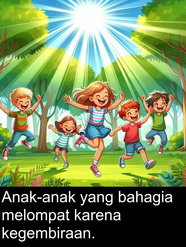 melompat: Anak-anak yang bahagia melompat karena kegembiraan.
