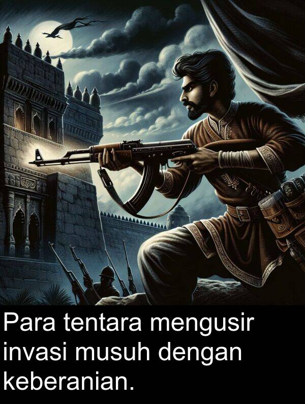 tentara: Para tentara mengusir invasi musuh dengan keberanian.