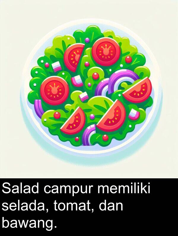 selada: Salad campur memiliki selada, tomat, dan bawang.
