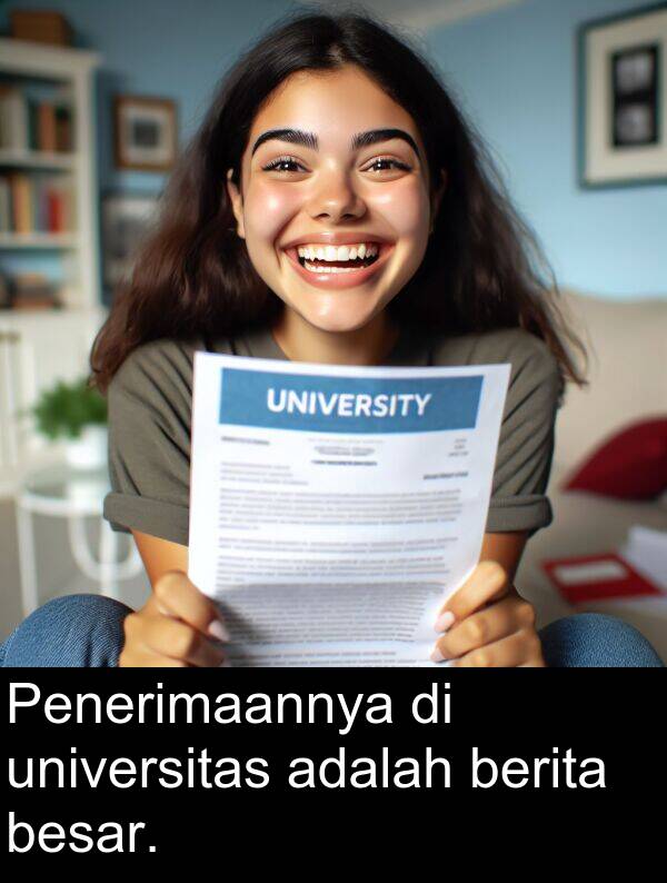 besar: Penerimaannya di universitas adalah berita besar.