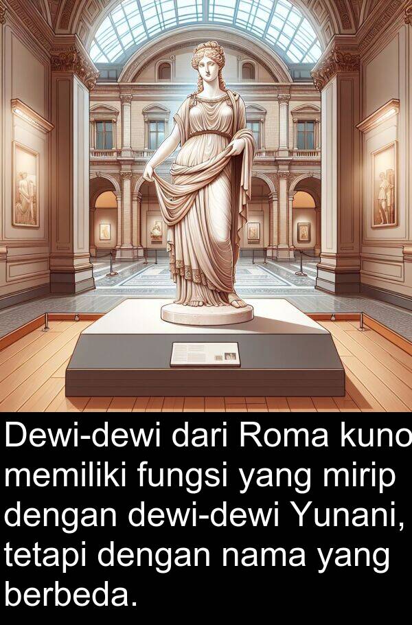 mirip: Dewi-dewi dari Roma kuno memiliki fungsi yang mirip dengan dewi-dewi Yunani, tetapi dengan nama yang berbeda.