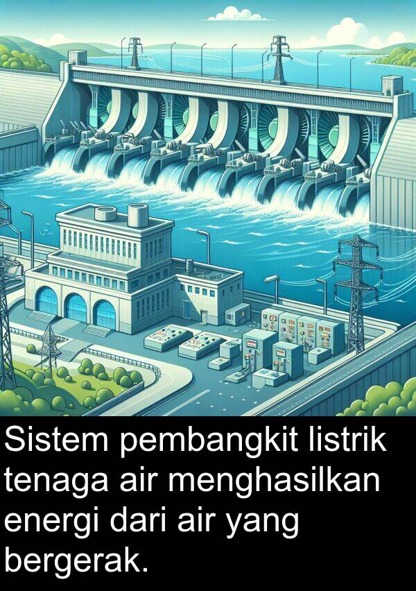 energi: Sistem pembangkit listrik tenaga air menghasilkan energi dari air yang bergerak.