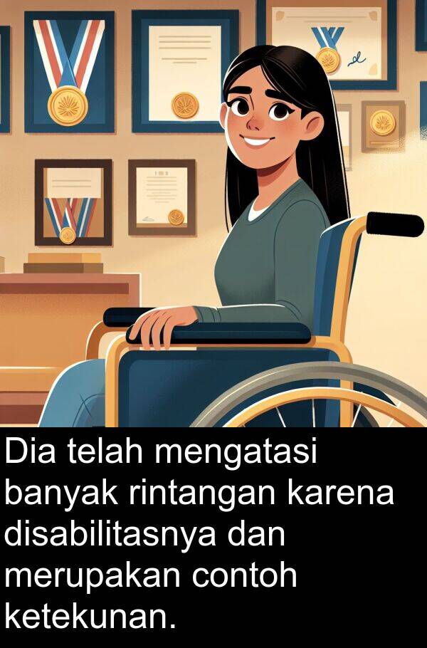 rintangan: Dia telah mengatasi banyak rintangan karena disabilitasnya dan merupakan contoh ketekunan.