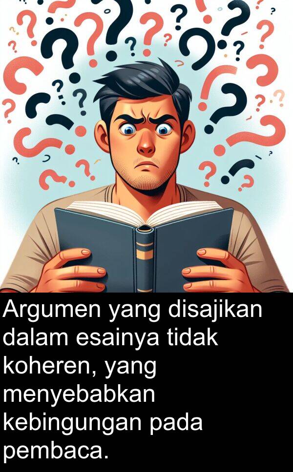 kebingungan: Argumen yang disajikan dalam esainya tidak koheren, yang menyebabkan kebingungan pada pembaca.
