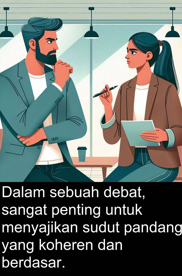 pandang: Dalam sebuah debat, sangat penting untuk menyajikan sudut pandang yang koheren dan berdasar.