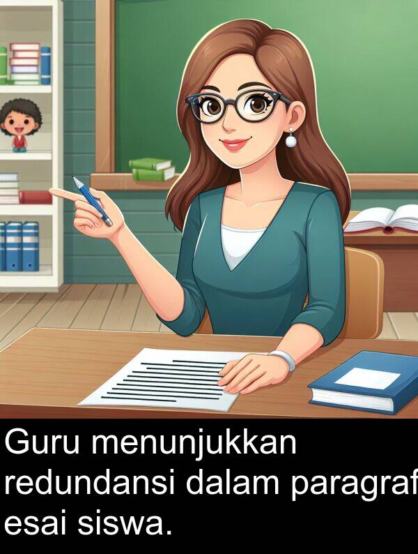 esai: Guru menunjukkan redundansi dalam paragraf esai siswa.