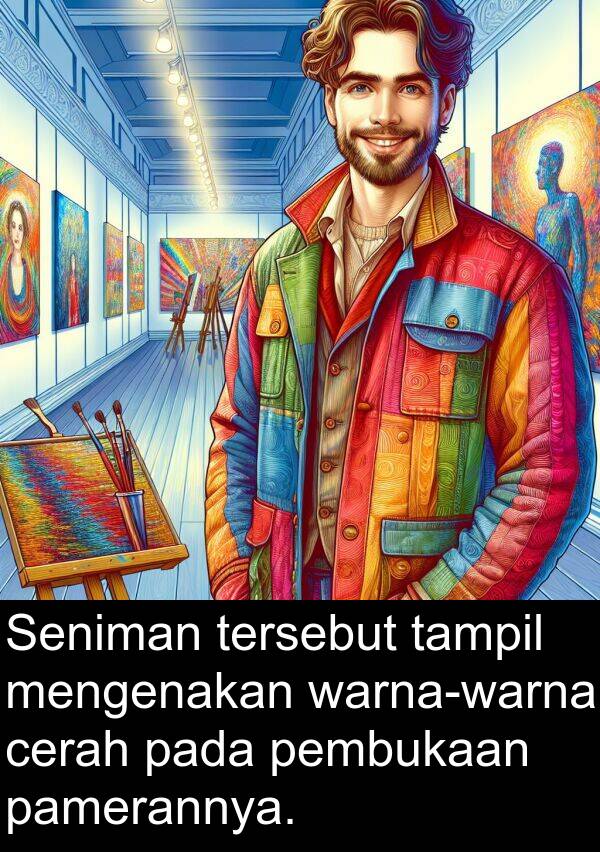 pembukaan: Seniman tersebut tampil mengenakan warna-warna cerah pada pembukaan pamerannya.