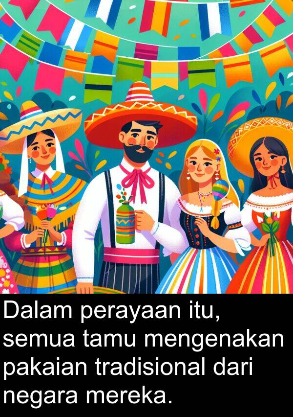 tamu: Dalam perayaan itu, semua tamu mengenakan pakaian tradisional dari negara mereka.
