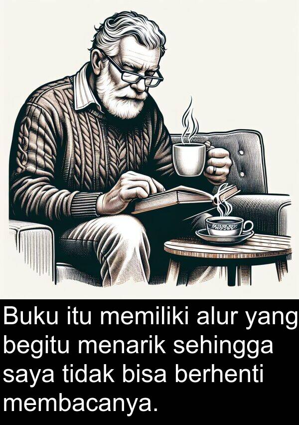 membacanya: Buku itu memiliki alur yang begitu menarik sehingga saya tidak bisa berhenti membacanya.