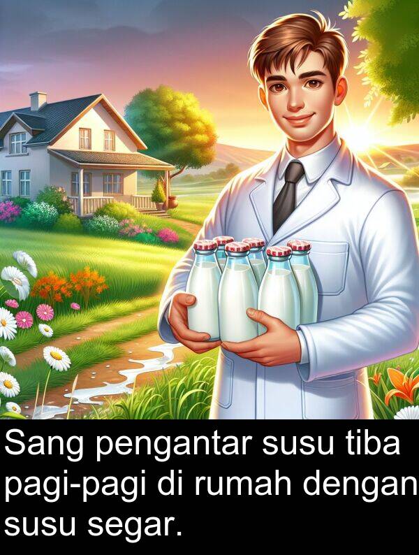 segar: Sang pengantar susu tiba pagi-pagi di rumah dengan susu segar.