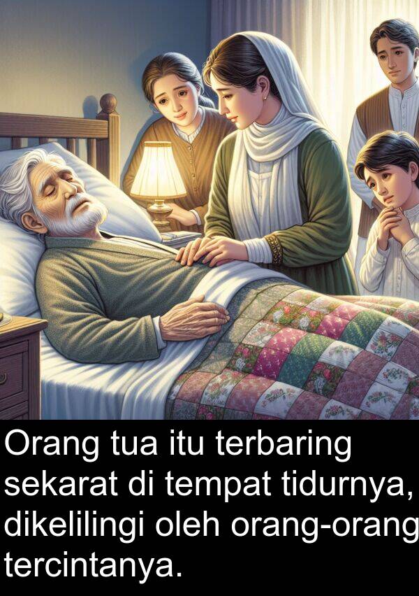terbaring: Orang tua itu terbaring sekarat di tempat tidurnya, dikelilingi oleh orang-orang tercintanya.