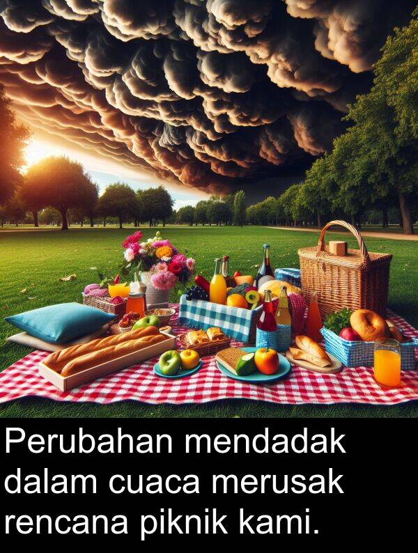 rencana: Perubahan mendadak dalam cuaca merusak rencana piknik kami.
