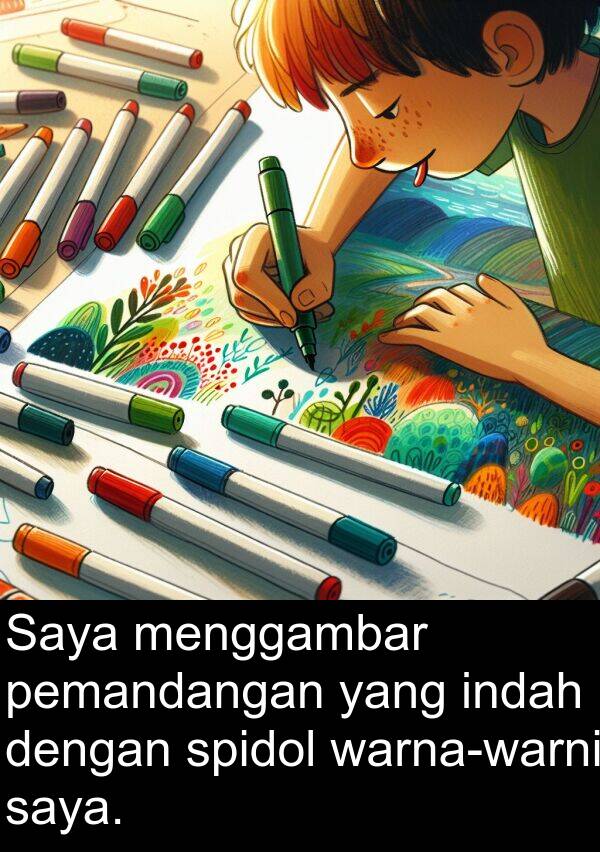 pemandangan: Saya menggambar pemandangan yang indah dengan spidol warna-warni saya.