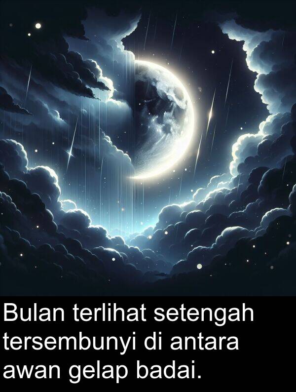 terlihat: Bulan terlihat setengah tersembunyi di antara awan gelap badai.