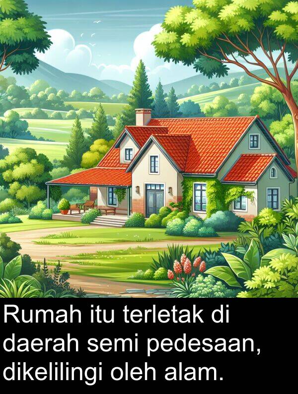 terletak: Rumah itu terletak di daerah semi pedesaan, dikelilingi oleh alam.