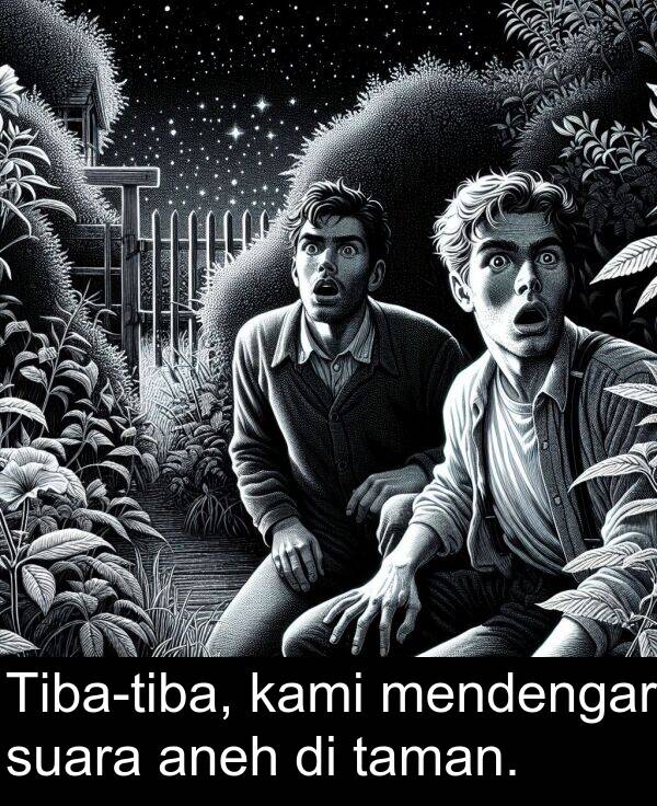 taman: Tiba-tiba, kami mendengar suara aneh di taman.