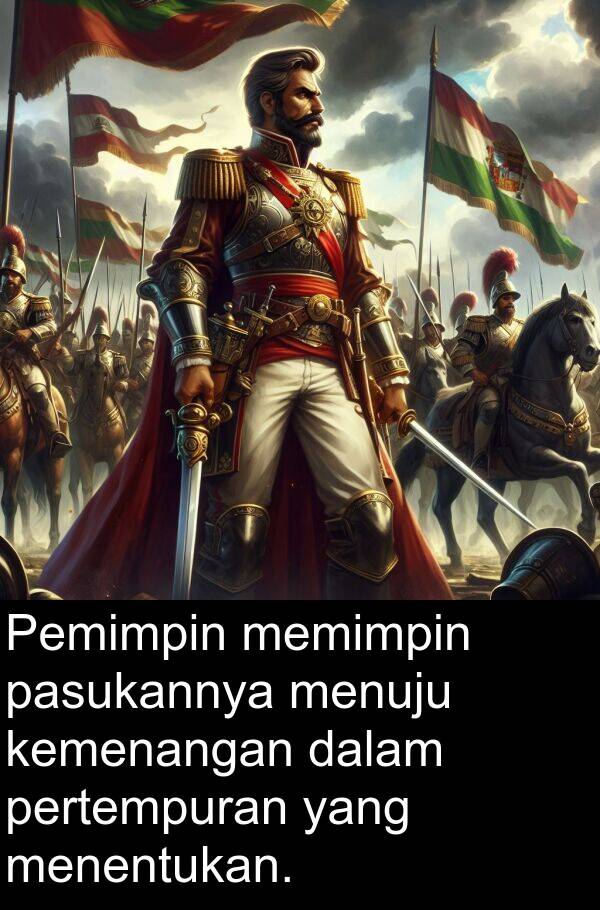 kemenangan: Pemimpin memimpin pasukannya menuju kemenangan dalam pertempuran yang menentukan.