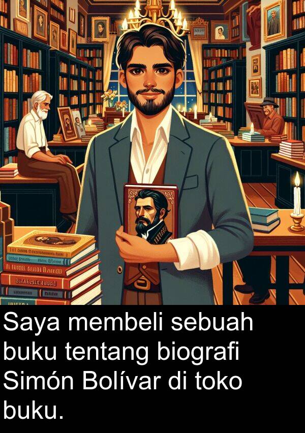 tentang: Saya membeli sebuah buku tentang biografi Simón Bolívar di toko buku.