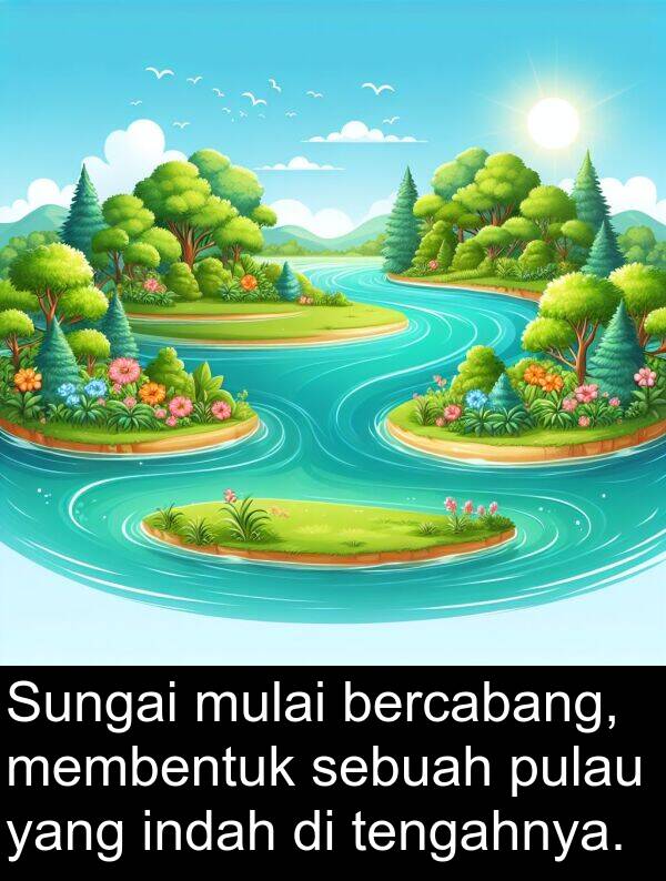 membentuk: Sungai mulai bercabang, membentuk sebuah pulau yang indah di tengahnya.