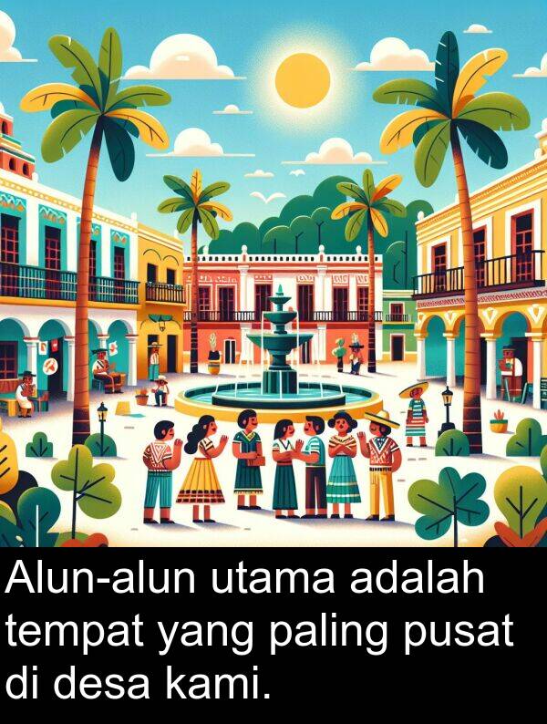 tempat: Alun-alun utama adalah tempat yang paling pusat di desa kami.