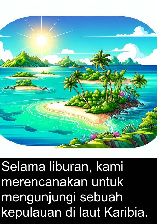 kepulauan: Selama liburan, kami merencanakan untuk mengunjungi sebuah kepulauan di laut Karibia.
