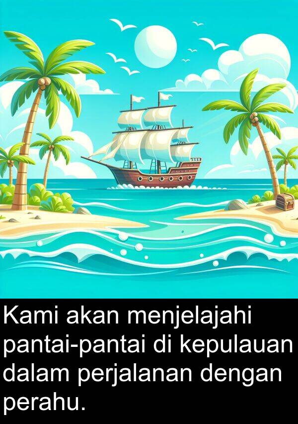 perjalanan: Kami akan menjelajahi pantai-pantai di kepulauan dalam perjalanan dengan perahu.