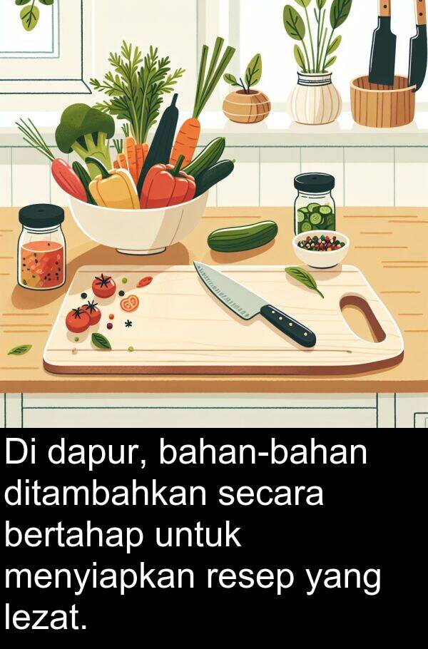 secara: Di dapur, bahan-bahan ditambahkan secara bertahap untuk menyiapkan resep yang lezat.
