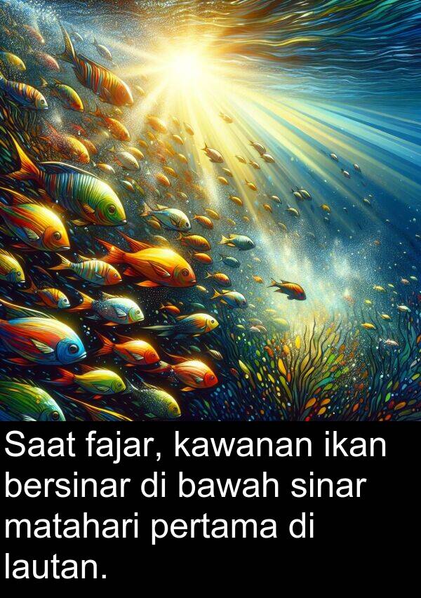matahari: Saat fajar, kawanan ikan bersinar di bawah sinar matahari pertama di lautan.
