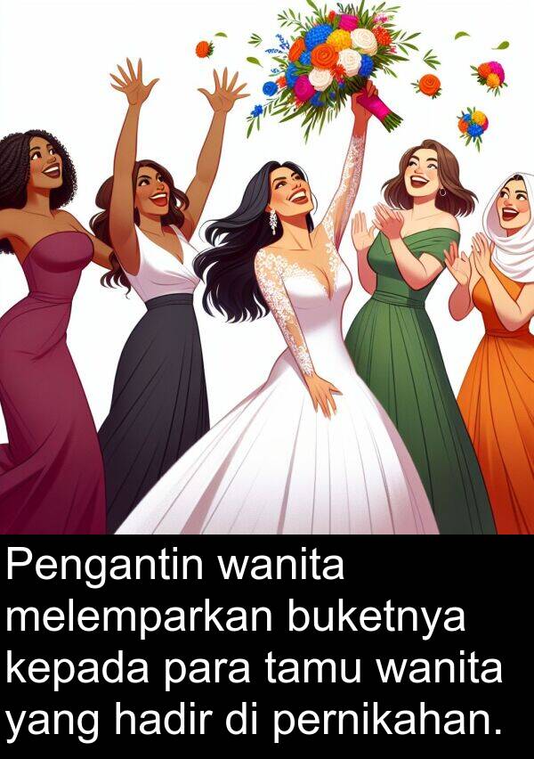 hadir: Pengantin wanita melemparkan buketnya kepada para tamu wanita yang hadir di pernikahan.