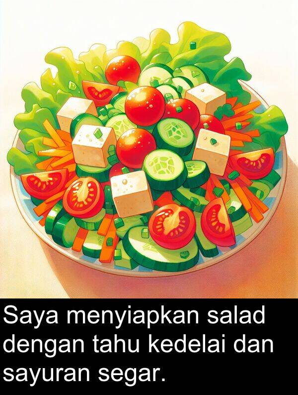 segar: Saya menyiapkan salad dengan tahu kedelai dan sayuran segar.