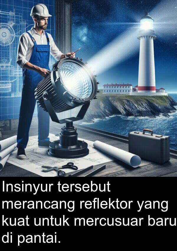reflektor: Insinyur tersebut merancang reflektor yang kuat untuk mercusuar baru di pantai.