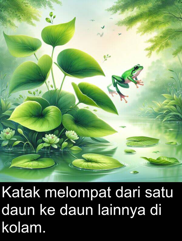 lainnya: Katak melompat dari satu daun ke daun lainnya di kolam.