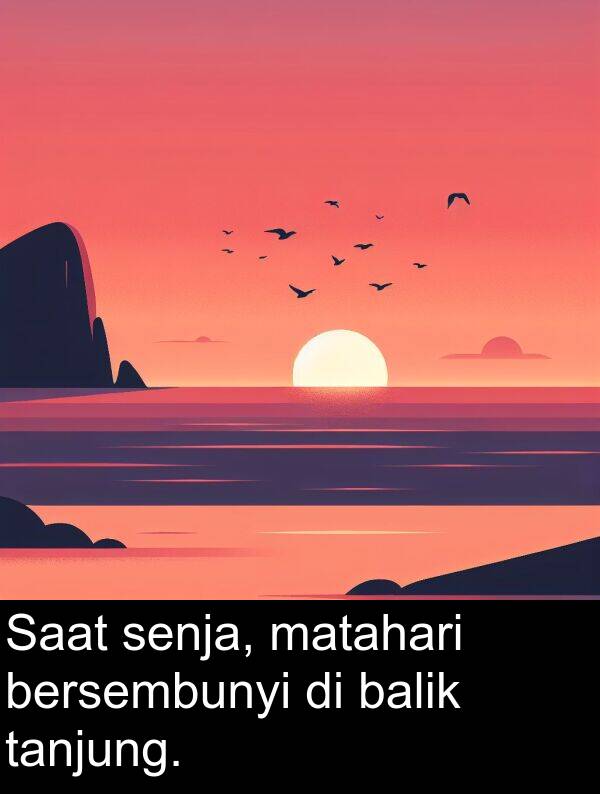 senja: Saat senja, matahari bersembunyi di balik tanjung.