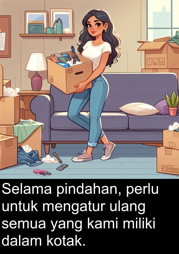 pindahan: Selama pindahan, perlu untuk mengatur ulang semua yang kami miliki dalam kotak.