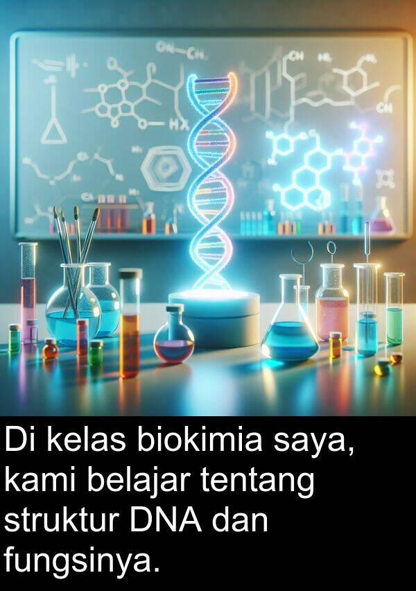 belajar: Di kelas biokimia saya, kami belajar tentang struktur DNA dan fungsinya.