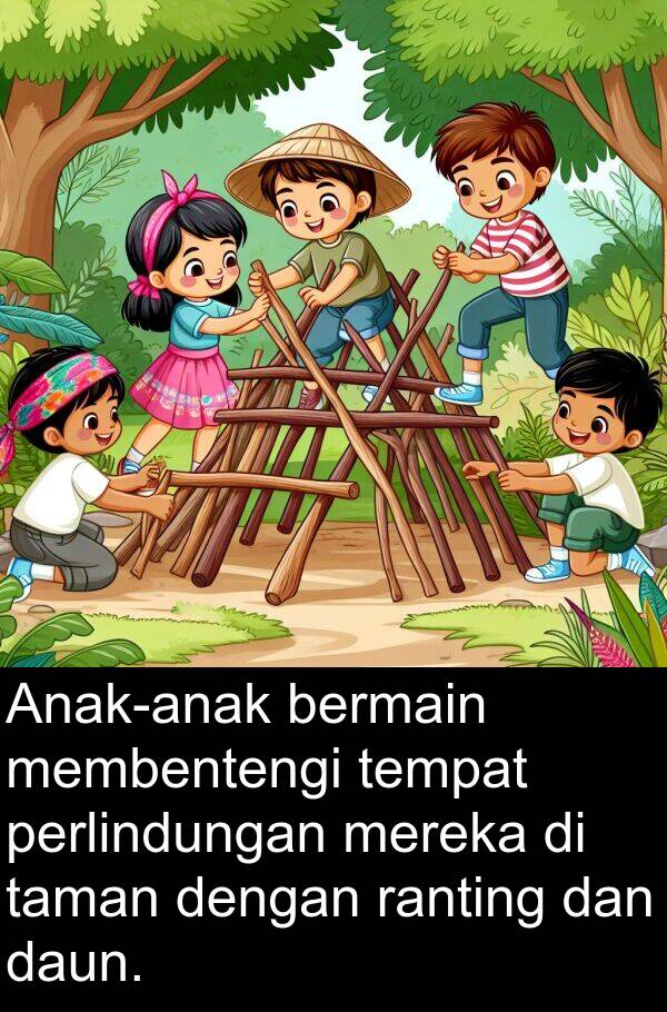 membentengi: Anak-anak bermain membentengi tempat perlindungan mereka di taman dengan ranting dan daun.