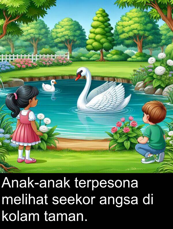 taman: Anak-anak terpesona melihat seekor angsa di kolam taman.