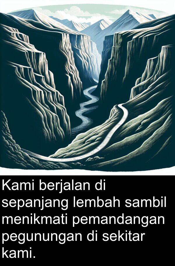 sepanjang: Kami berjalan di sepanjang lembah sambil menikmati pemandangan pegunungan di sekitar kami.