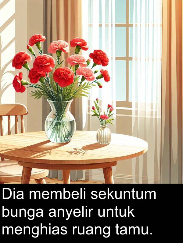 ruang: Dia membeli sekuntum bunga anyelir untuk menghias ruang tamu.