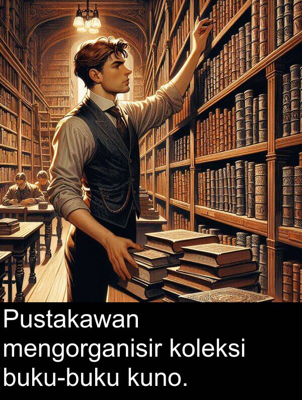 mengorganisir: Pustakawan mengorganisir koleksi buku-buku kuno.