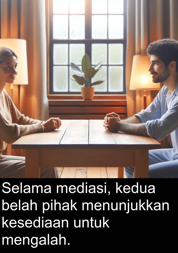 mediasi: Selama mediasi, kedua belah pihak menunjukkan kesediaan untuk mengalah.