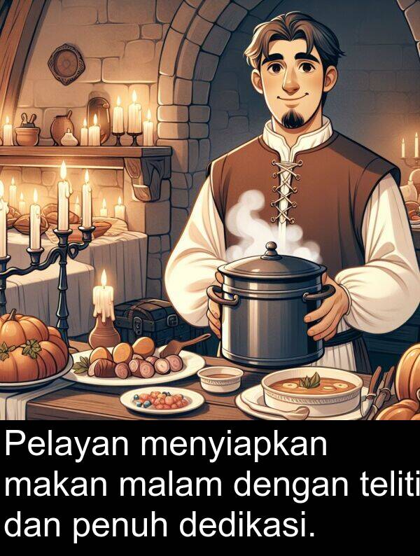 makan: Pelayan menyiapkan makan malam dengan teliti dan penuh dedikasi.